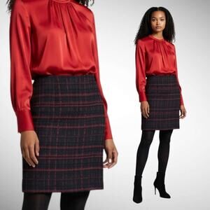 Hobbs London Bouclé Tweed Windowpane Plaid Pencil Skirt Black Red Wool Blend-8